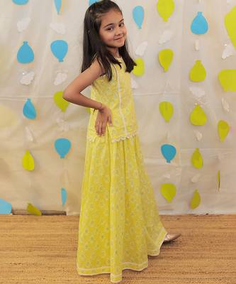 Yellow printed cotton sharara with top 1