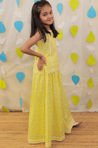 Yellow printed cotton sharara with top