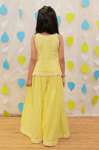 Yellow printed cotton sharara with top
