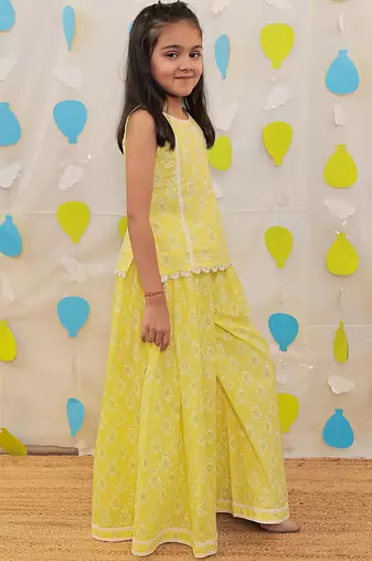 Yellow printed cotton sharara with top