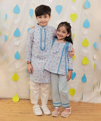 Blue printed cotton kurti with pyjama 2