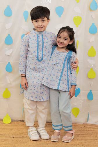 Blue printed cotton kurti with pyjama