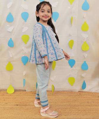 Blue printed cotton kurti with pyjama 3