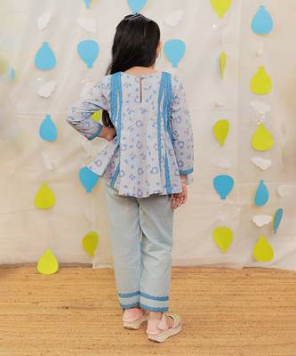 Blue printed cotton kurti with pyjama 4