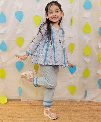 Blue printed cotton kurti with pyjama 1