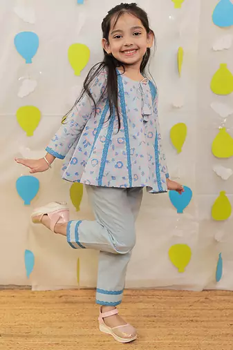 Blue printed cotton kurti with pyjama