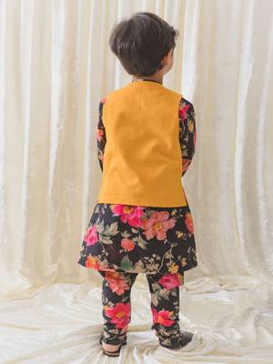 Black printed cotton nehru jacket set 2