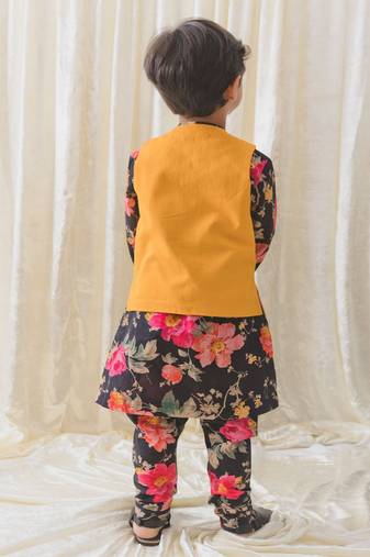 Black printed cotton nehru jacket set