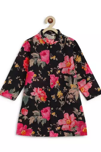 Black printed cotton nehru jacket set