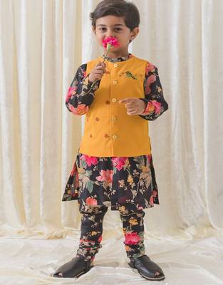 Black printed cotton nehru jacket set 1