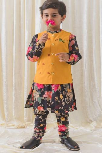 Black printed cotton nehru jacket set