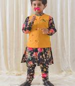 Black printed cotton nehru jacket set