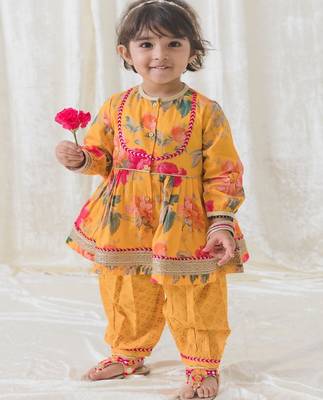 Yellow printed cotton kurta pyjama 1