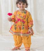 Yellow printed cotton kurta pyjama