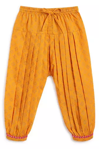 Yellow printed cotton kurta pyjama