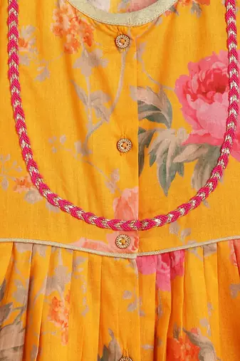 Yellow printed cotton kurta pyjama