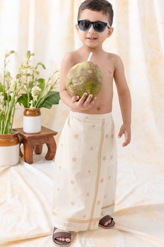 Cream printed cotton mundu