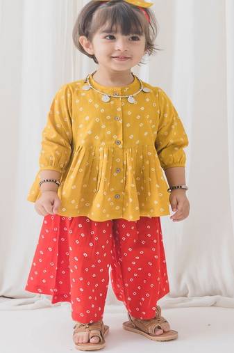 Yellow printed cotton co ord set with headband