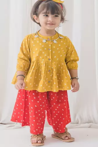 Yellow printed cotton co ord set with headband