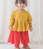 Yellow printed cotton co ord set with headband