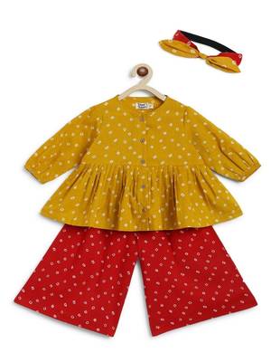 Yellow printed cotton co ord set with headband 2