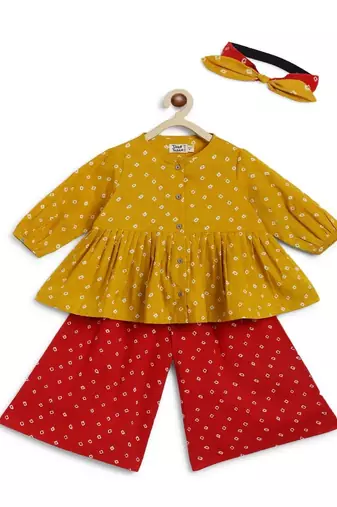Yellow printed cotton co ord set with headband