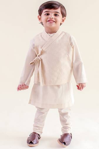 Cream plain cotton nehru jacket set