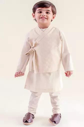 Cream plain cotton nehru jacket set