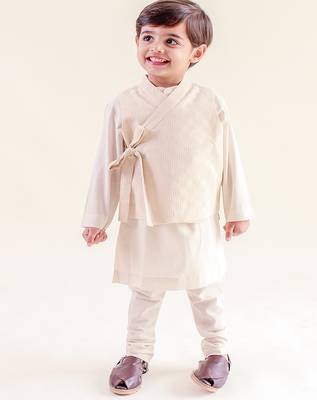 Cream plain cotton nehru jacket set 2