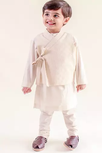 Cream plain cotton nehru jacket set