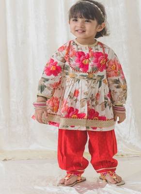 Cream printed cotton kurta pyjama 1