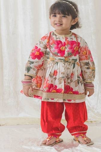 Cream printed cotton kurta pyjama