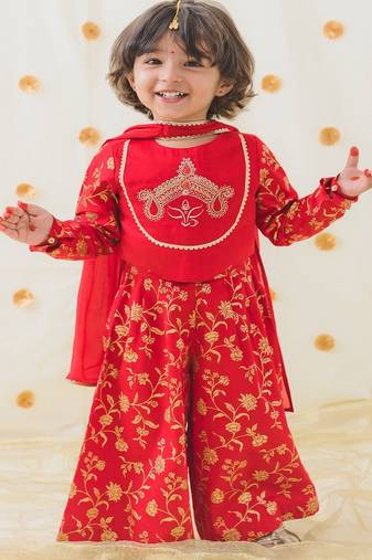 Red embroidered cotton 3 piece co ord set