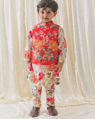 Cream printed cotton nehru jacket set 1