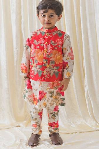 Cream printed cotton nehru jacket set
