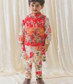 Cream printed cotton nehru jacket set