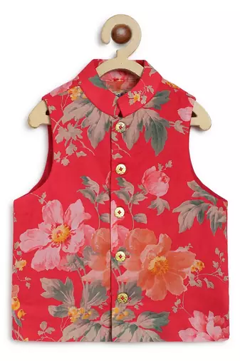 Cream printed cotton nehru jacket set