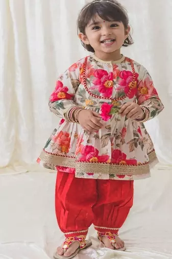 Cream printed cotton kurta pyjama
