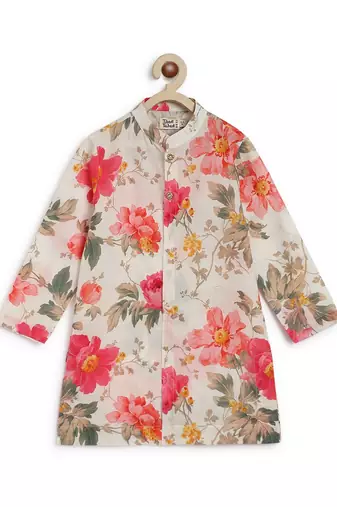 Cream printed cotton nehru jacket set
