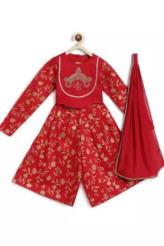 Red embroidered cotton 3 piece co ord set