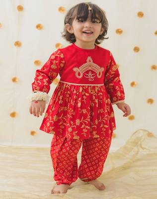Red embroidered cotton kurta pyjama 1
