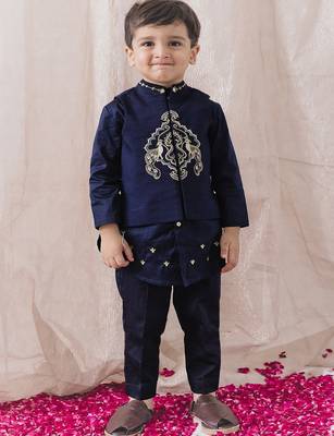 Blue embroidered cotton nehru jacket set 1