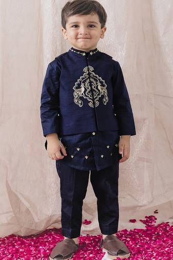 Blue embroidered cotton nehru jacket set