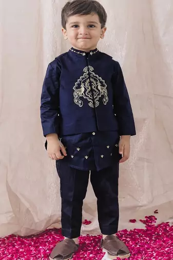Blue embroidered cotton nehru jacket set