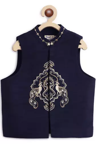 Blue embroidered cotton nehru jacket set