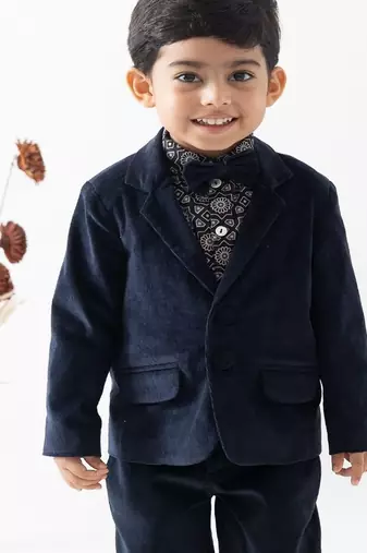 Blue plain cotton blazer with bow tie