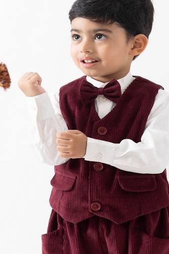 Maroon plain cotton waistcoat with bow tie