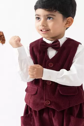 Maroon plain cotton waistcoat with bow tie