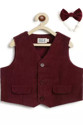 Maroon plain cotton waistcoat with bow tie