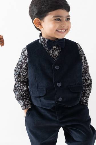 Blue plain cotton waistcoat with bow tie